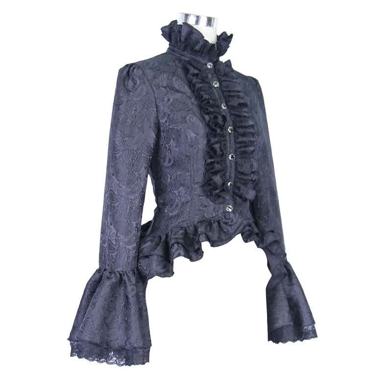 Women Short Front And Long Back Flared Sleeves Gothic Black Ruffled Lace Blouse