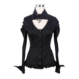 Women Small Collar Pleated Sleeves Everyday Wear Black Elastic Blouse With Bead Pins