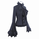 Women Gothic Big Flared Sleeves Lace Up Black Cotton Blouse With Necktie