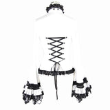 Party Gothic Big Flared Sleeves Bandage Black And White Color Contrast Women Blouse With Necktie