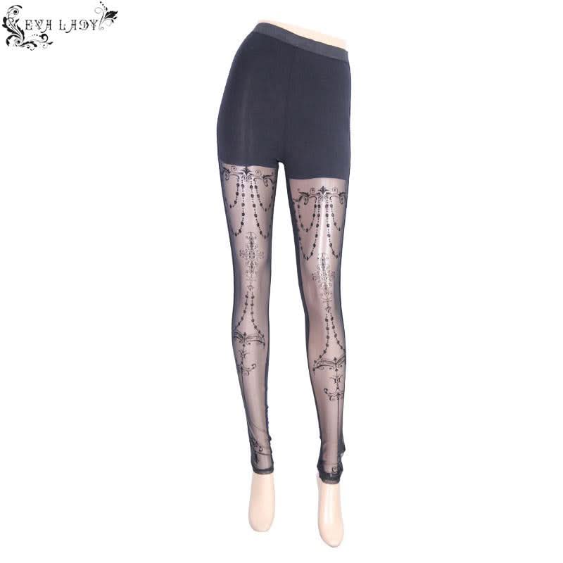 Witch Elastic Waistband Flocking Printed Transparent Stretchy Mesh Sexy Women Leggings