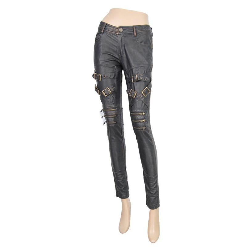 Steampunk Band Bronze Hand Rubbed Winter Women Leather Pants With Zipper
