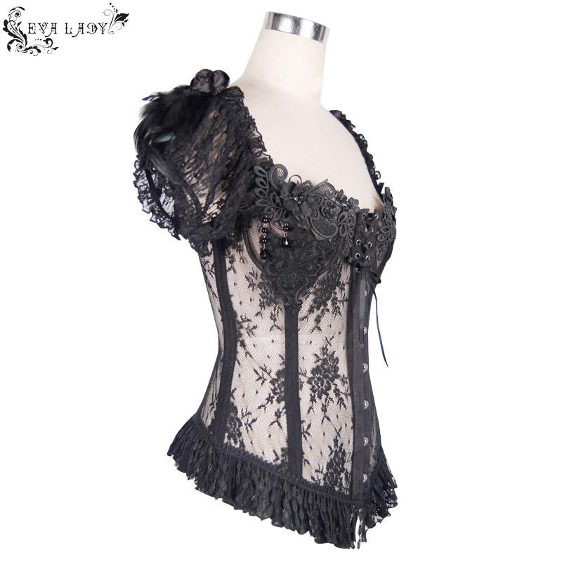Gothic Adjustable Steel Buckles Fishbone Transparent Lace Corset With Feather Flowers