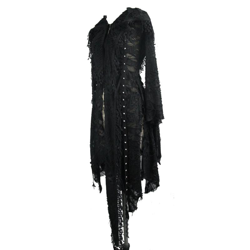 Darkness Ragged Horn Sleeve Women Punk Long Coat With Cap And Scarf