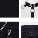 Summer Punk Big Collar Bright Leather Chocker Sexy Women T Shirt With Chains