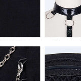 Summer Punk Big Collar Bright Leather Chocker Sexy Women T Shirt With Chains