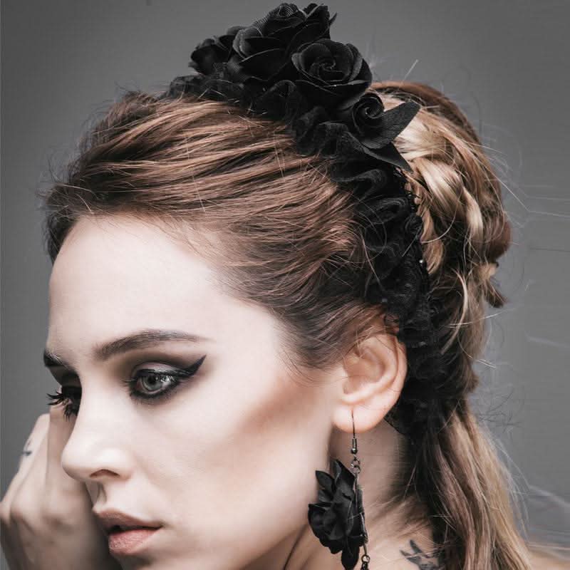Sexy Women Headwear Gothic Black Roses Velvet Headband