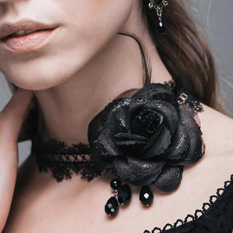 Gothic Rose Beaded Sexy Women Hollow Out Lace Necklace