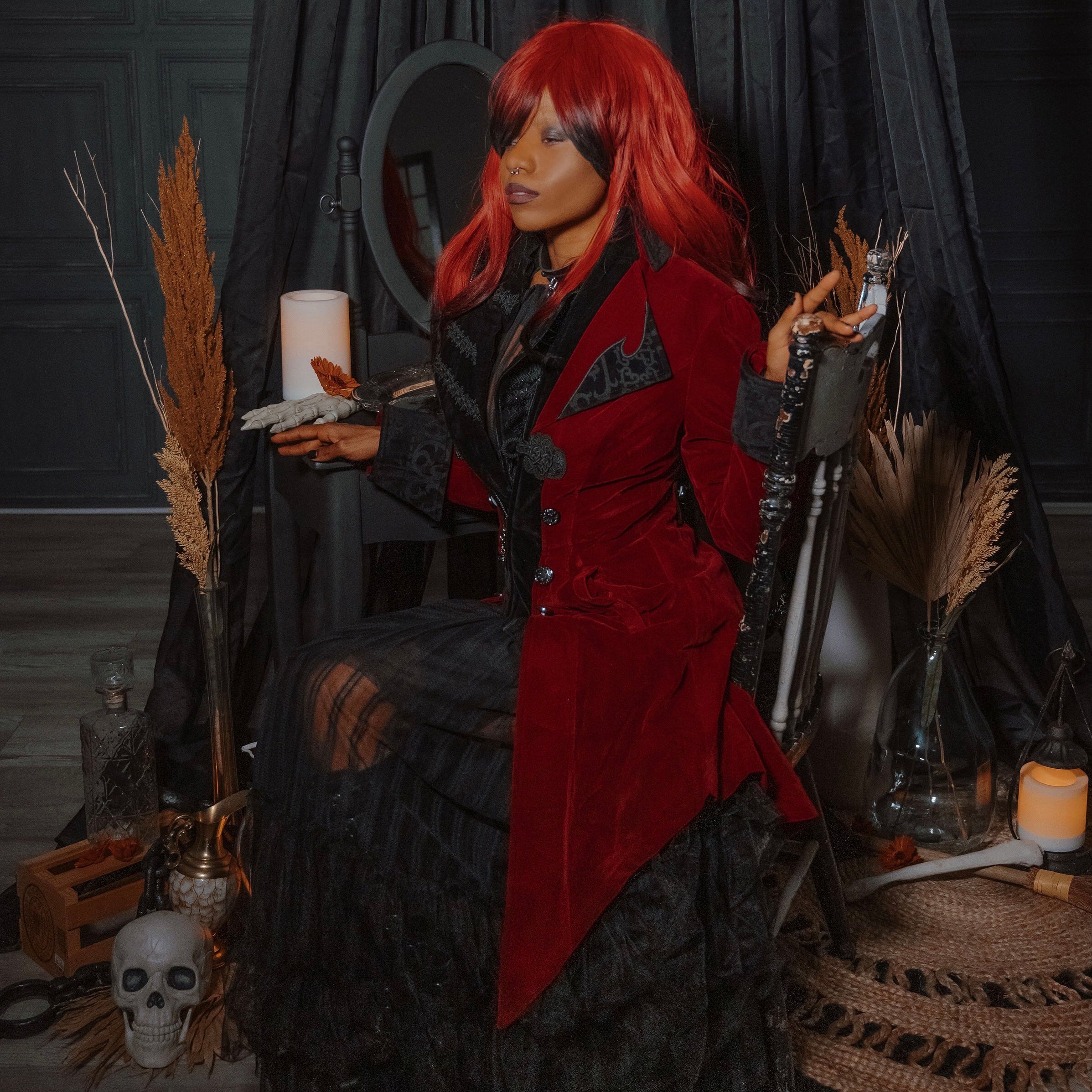 Crimson Moon' Embroidered Gothic coat with High Collar