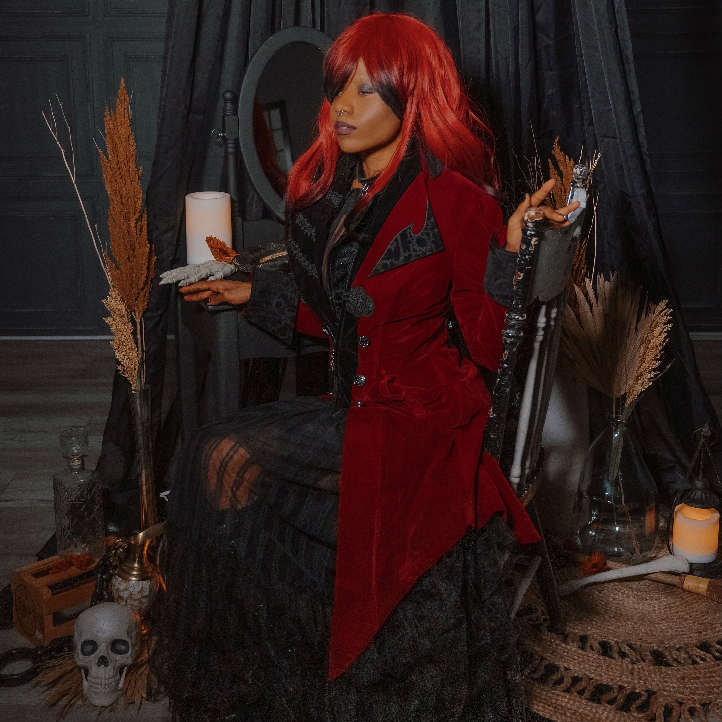 'Crimson Moon' Embroidered Gothic coat with High Collar