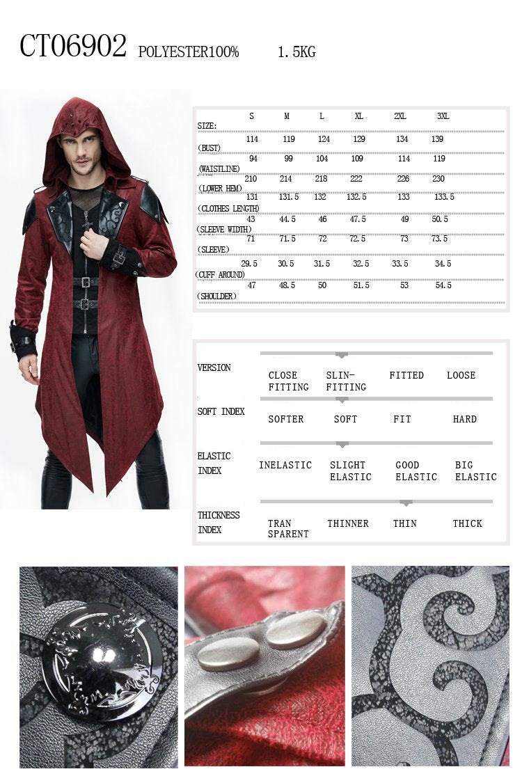 'Vlad' Hooded Punk Synthetic Leather Long Coat (Blood Moon)