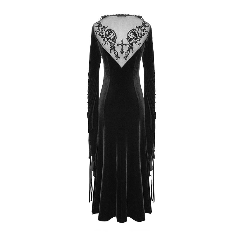 Flocking Pattern Trumpet Sleeve Sexy Ladies Gothic Party Fitted Velvet Dress