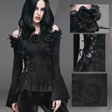 Feather Rose Horizontal Neck Dark Pattern Stretchy Jacquard Sexy Women Shirts