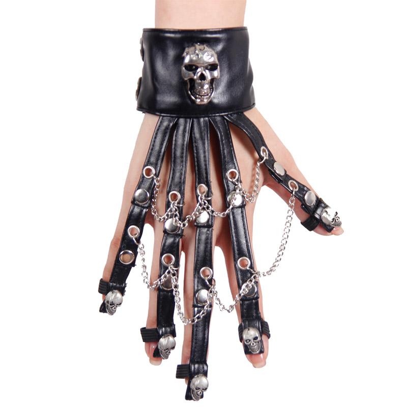 Devil Fashion Ghost Claw Metal Skull Leather Women Glove With Chains