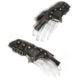 Brown Steampunk Metallic Gear Women Leather Gloves With Chains