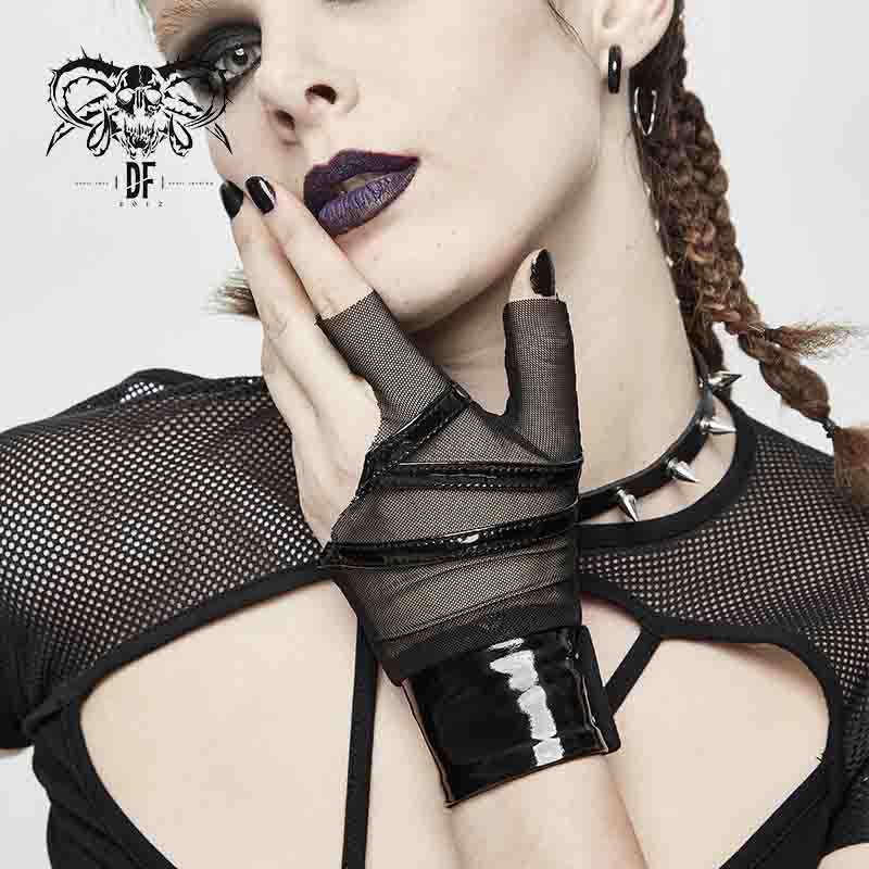 Stage Sexy Punk Fetish Pvc Leather Mesh Women Black Gloves