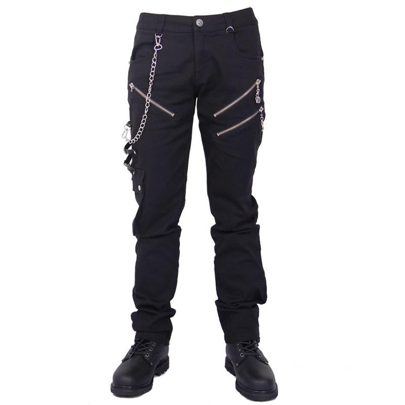 Devil Fashion Punk Rock Zipper Black Men Trousers With Chains