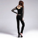 Devil Fashion Black Broken Holes Punk Women Ripped Jeans With Loops