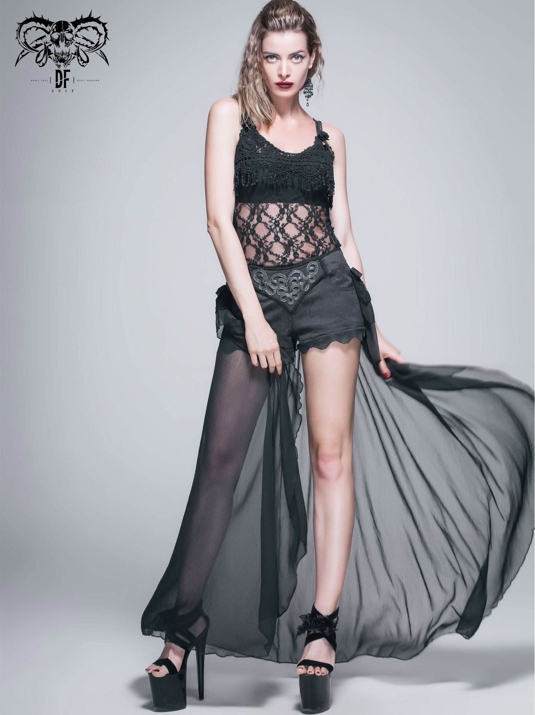 Summer Party Costume Gothic Jacquard Shorts With Chiffon Backswing