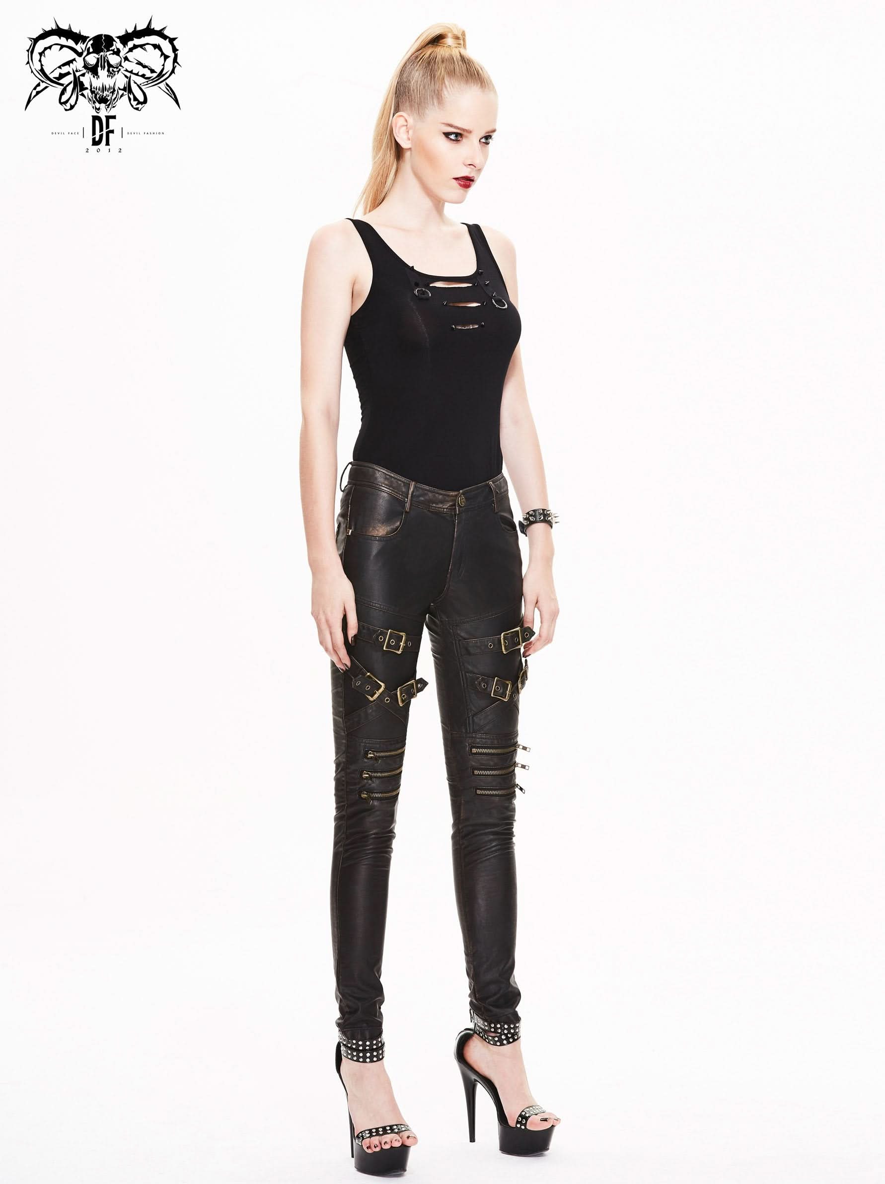 Steampunk Band Bronze Hand Rubbed Winter Women Leather Pants With Zipper