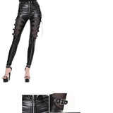 Punk Mesh Thigh Big Elastic Women Biker Leather Pants With Loops