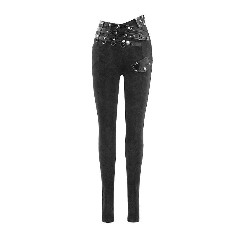 Punk Asymmetric Knitted Stretch Women Pants With Leather Loops