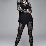 Gothic Black Queen Flocking Printing Sexy Women Elastic Waistband Mesh Leggings