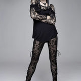 Gothic Black Queen Flocking Printing Sexy Women Elastic Waistband Mesh Leggings