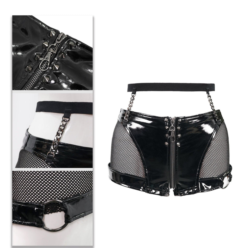 Erotic City Pu Leather Shorts With Mesh Panels And Metal Embellishm