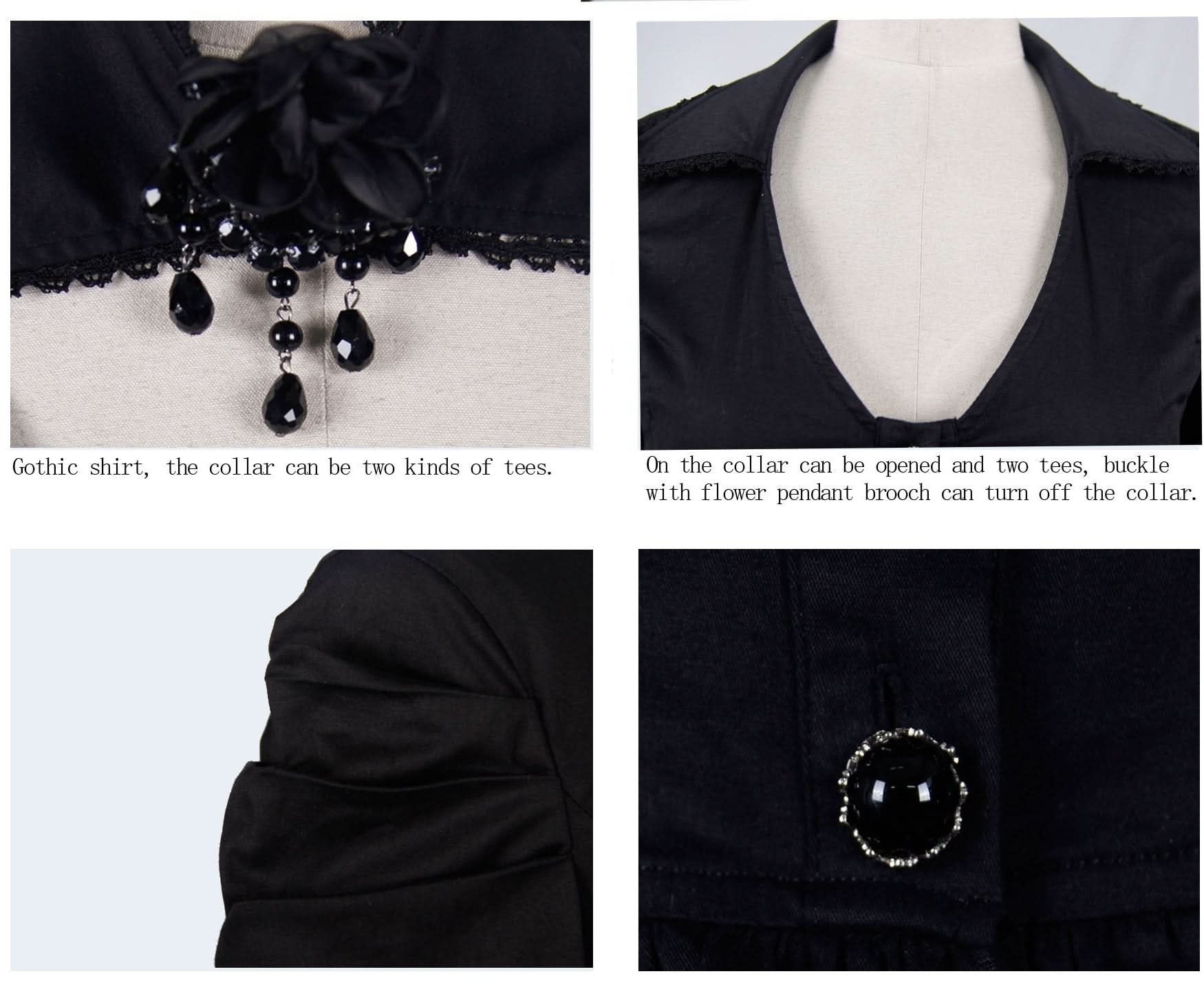 Women Small Collar Pleated Sleeves Everyday Wear Black Elastic Blouse With Bead Pins