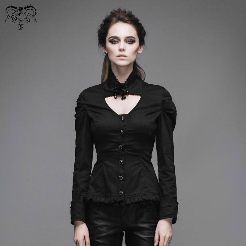 Women Small Collar Pleated Sleeves Everyday Wear Black Elastic Blouse With Bead Pins