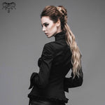 Women Small Collar Pleated Sleeves Everyday Wear Black Elastic Blouse With Bead Pins