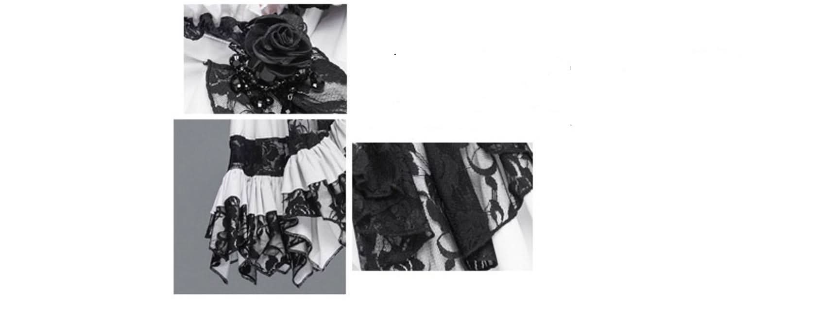 Party Gothic Big Flared Sleeves Bandage Black And White Color Contrast Women Blouse With Necktie