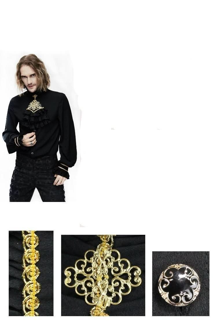 Men Gothic Black And Gold Embroidered Lace Sleeves Bow Tie Chiffon Shirts