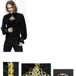 Men Gothic Black And Gold Embroidered Lace Sleeves Bow Tie Chiffon Shirts