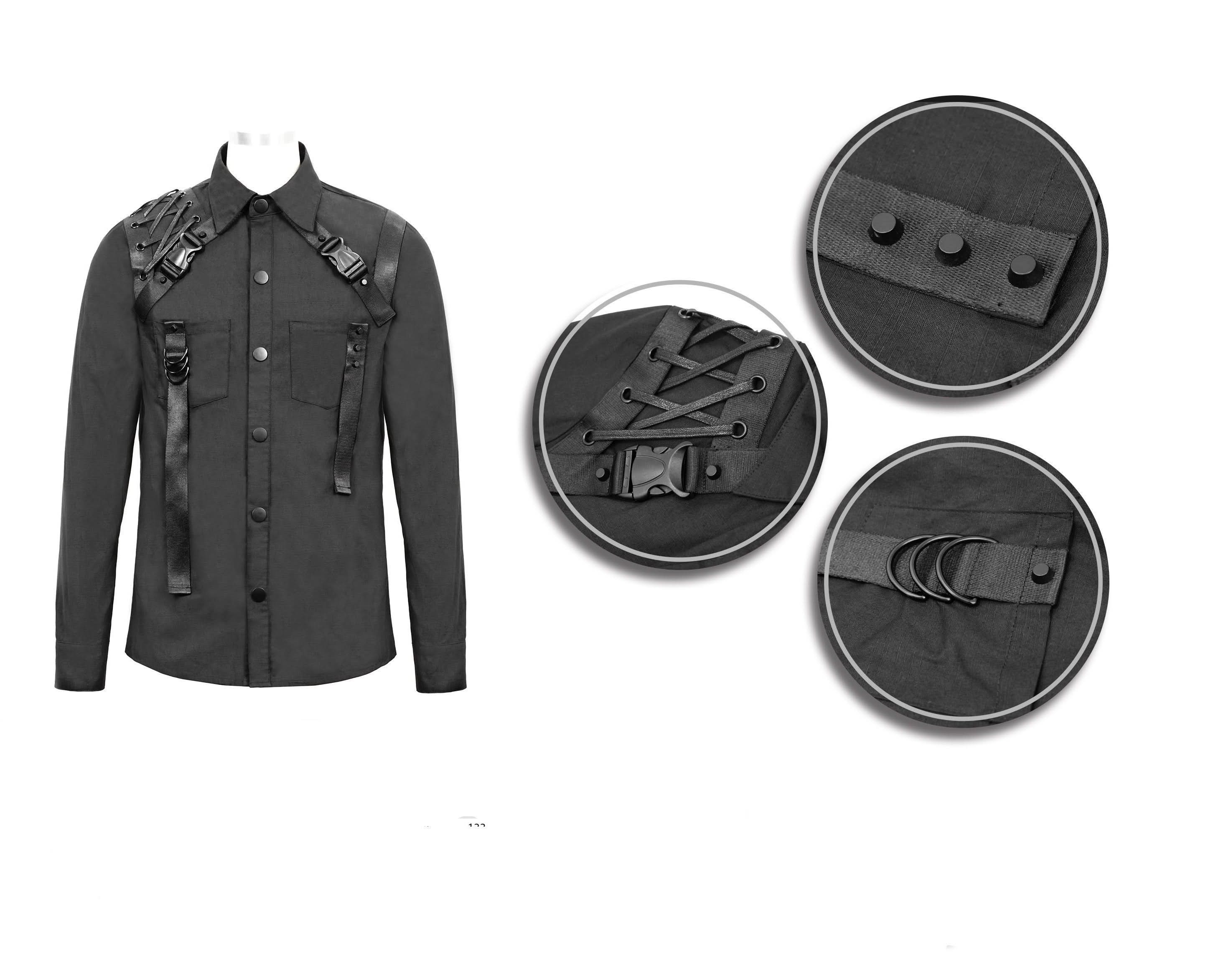 Cyberpunk Metallic Dark Long Sleeves Men Bamboo Shirt With Straps