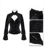 Gothic Stand Collar Crimped V Neck Sexy Ladies Velvet Shirt With Dovetail