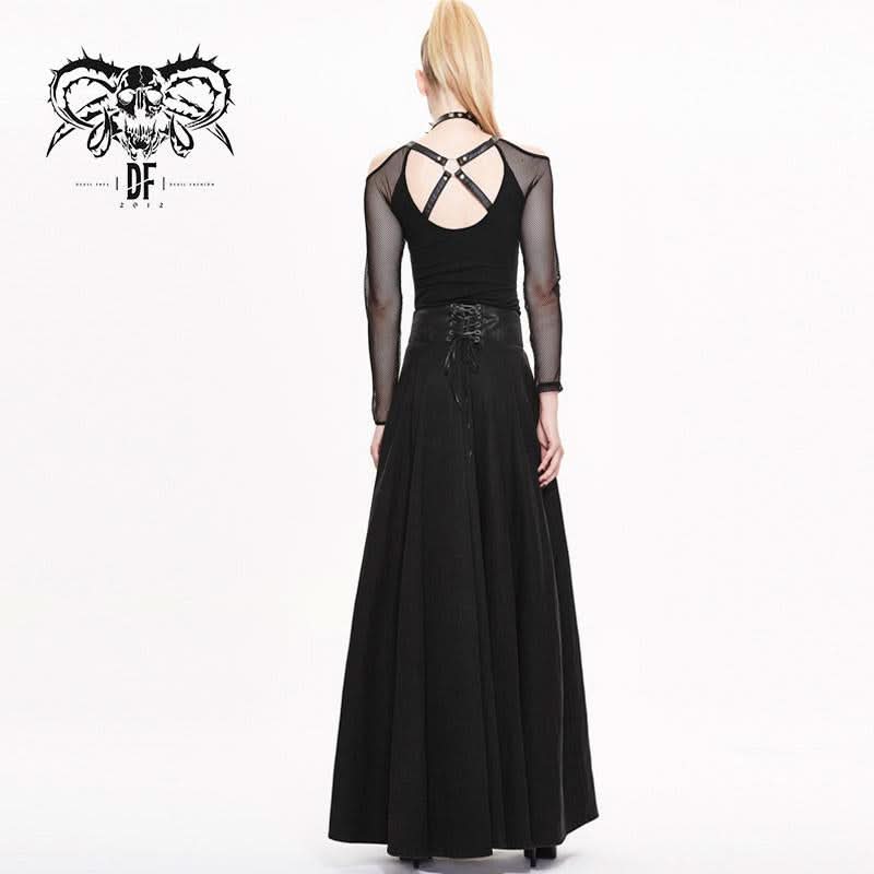 Torn Multiple Wearing Leather Waistband Women Punk Rock Black Flowing Long Half Skirt