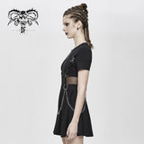 Daily Life Black Women Mesh Waist Pure Cotton Stretchy Punk Dress With Chains