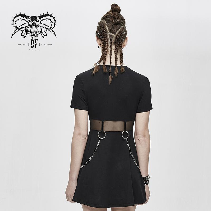 Daily Life Black Women Mesh Waist Pure Cotton Stretchy Punk Dress With Chains