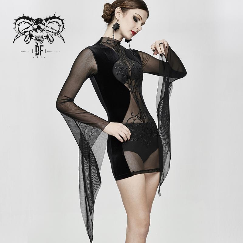 Gothic Party Translucent Embroidered Flared Sleeves Sexy Ladies Velvet Dress