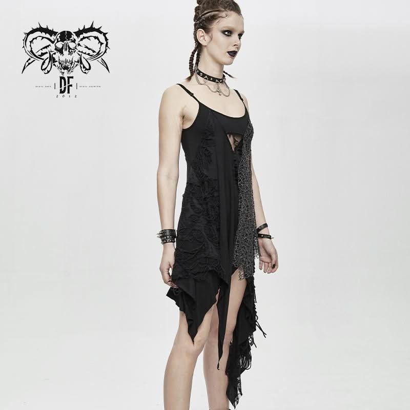 Daily Asymmetrical Punk Black Gray Torn Broken Holes Knitted Women Slip Dress
