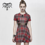 Daily Life Cool Girls Mesh Waist Stretchy Mid Length Scottish Red Plaid Dress With Chains