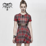 Daily Life Cool Girls Mesh Waist Stretchy Mid Length Scottish Red Plaid Dress With Chains