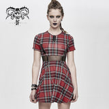 Daily Life Cool Girls Mesh Waist Stretchy Mid Length Scottish Red Plaid Dress With Chains
