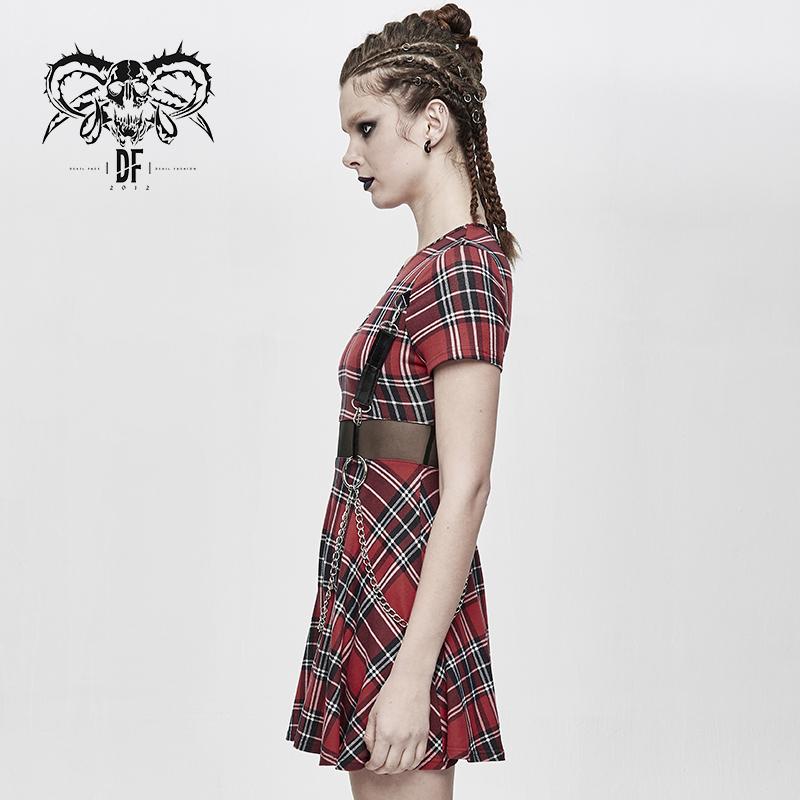 Daily Life Cool Girls Mesh Waist Stretchy Mid Length Scottish Red Plaid Dress With Chains