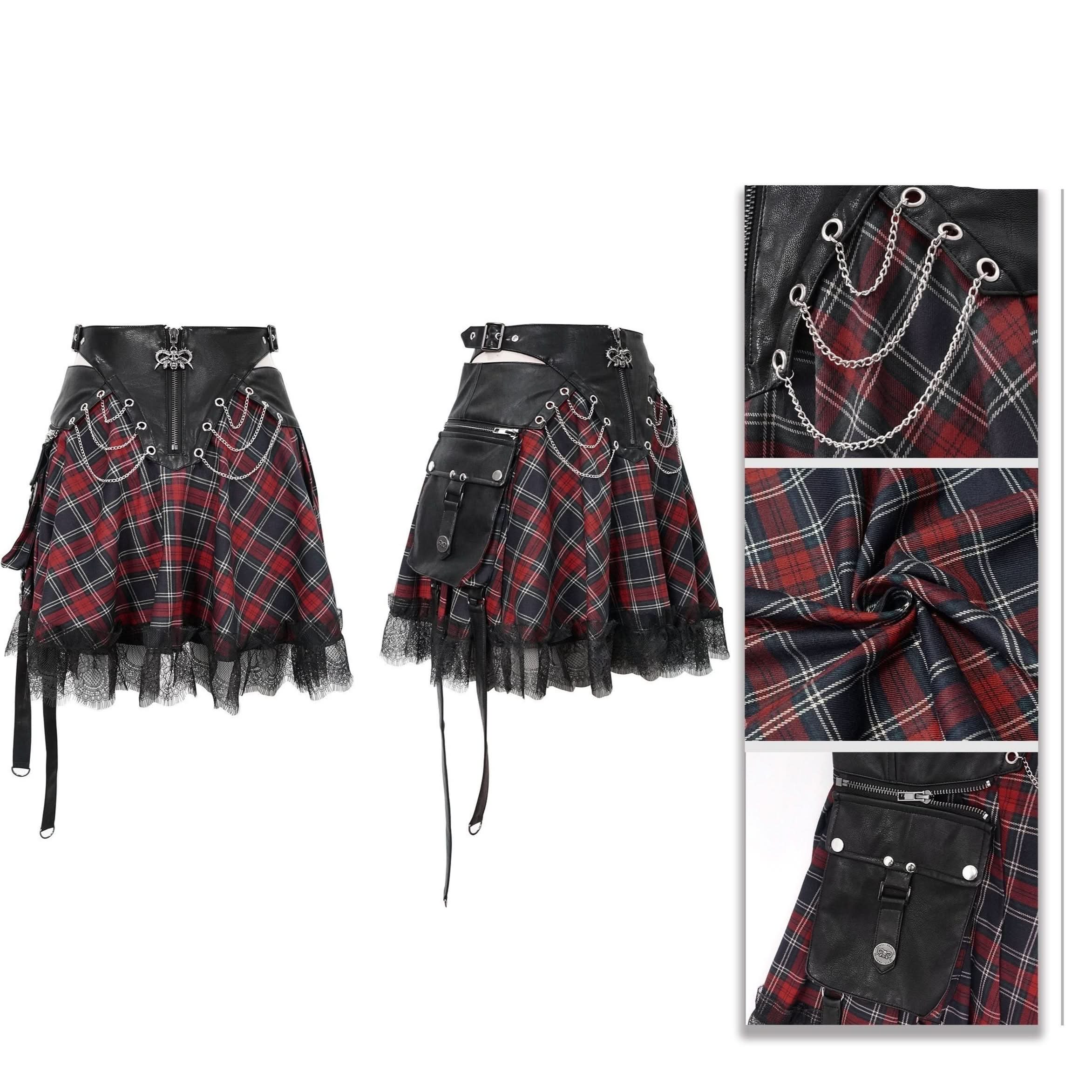 Daily Black And Red Young Girls Punk Lace Up Scottish Plaid Tartan Skirts With Bag