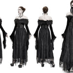 Gothic Off Shoulder Lace Pleated Sexy Women Formal Long Dress With Fur Collar