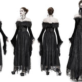 Gothic Off Shoulder Lace Pleated Sexy Women Formal Long Dress With Fur Collar