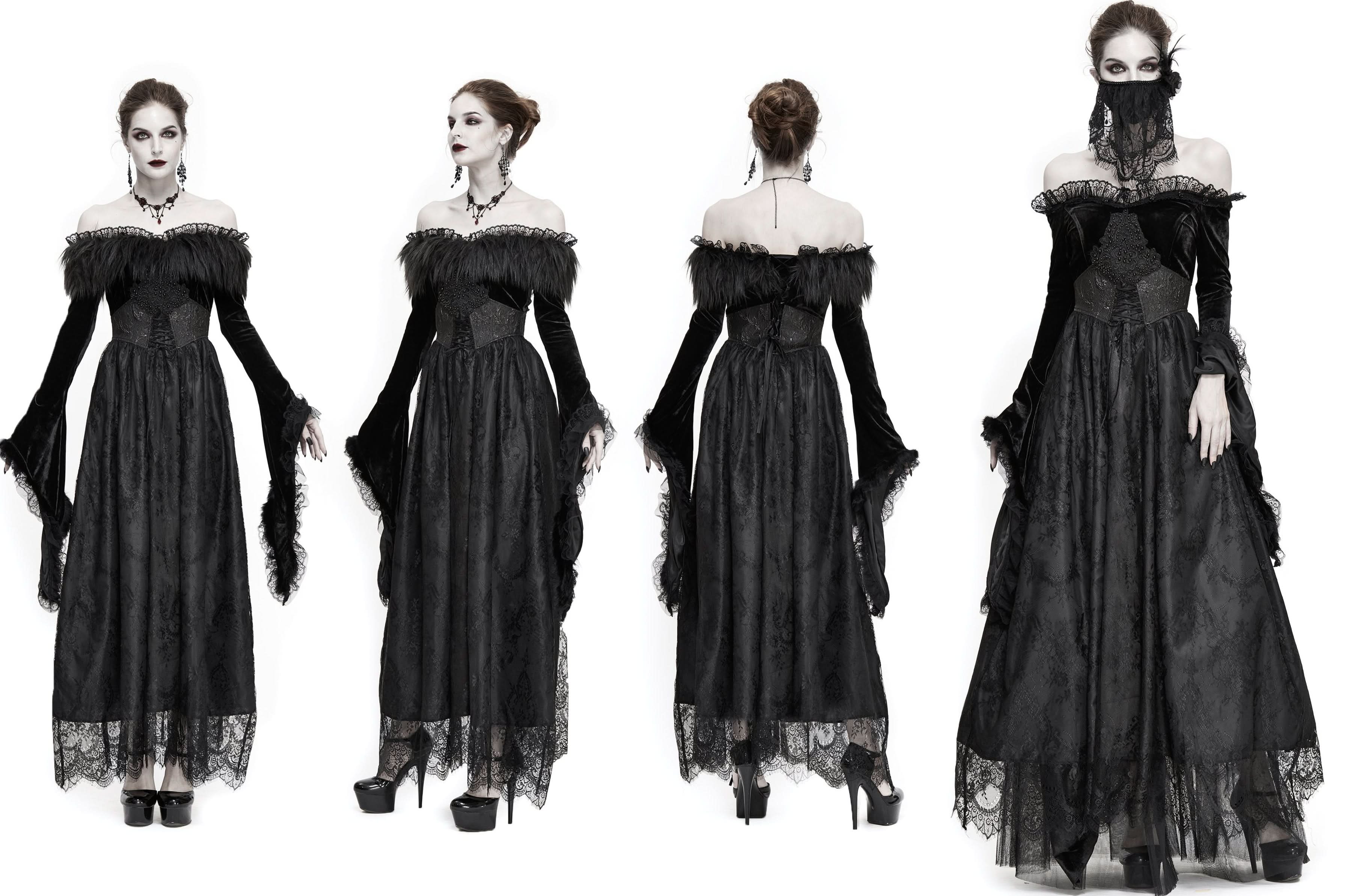 Gothic Off Shoulder Lace Pleated Sexy Women Formal Long Dress With Fur Collar